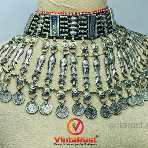 Tribal Choker Necklace With Fish Motifs and Vintage Coins, Afghan Fish Choker - Picture 4 of 9
